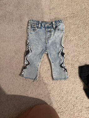 Kids Light Wash Denim Pants with Black Flame Side Detail